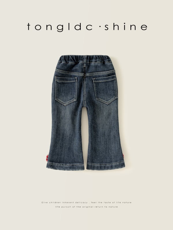 Jeans pentru fete cu căptușeală fleece, croială largă, detaliu funda, talie medie, țesătură poliester