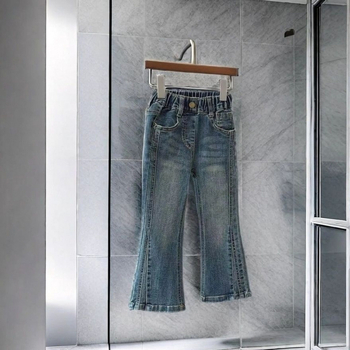 Hlače za djevojčice od denima s krojem flare, isprani denim, casual duge hlače, srednji pojas, zip, za djecu iznad 8 godina