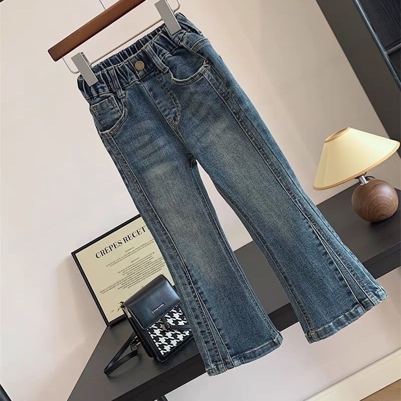 Hlače za djevojčice od denima s krojem flare, isprani denim, casual duge hlače, srednji pojas, zip, za djecu iznad 8 godina