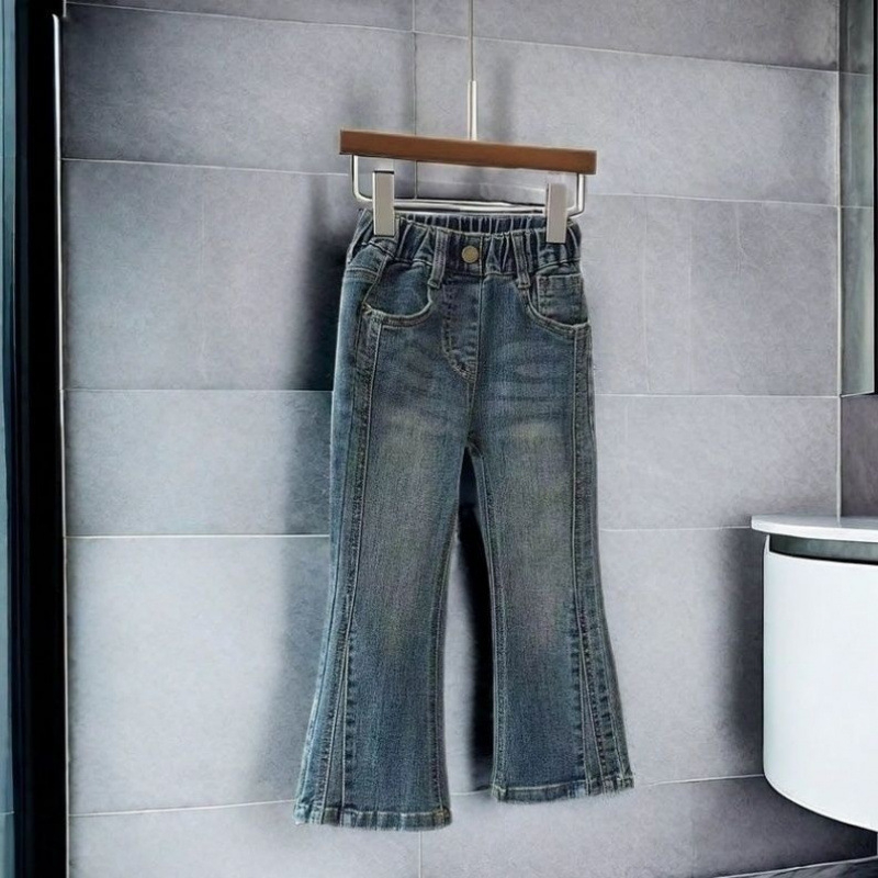 Hlače za djevojčice od denima s krojem flare, isprani denim, casual duge hlače, srednji pojas, zip, za djecu iznad 8 godina
