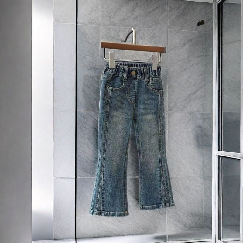 Hlače za djevojčice od denima s krojem flare, isprani denim, casual duge hlače, srednji pojas, zip, za djecu iznad 8 godina