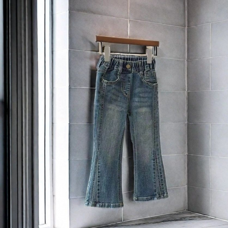 Hlače za djevojčice od denima s krojem flare, isprani denim, casual duge hlače, srednji pojas, zip, za djecu iznad 8 godina