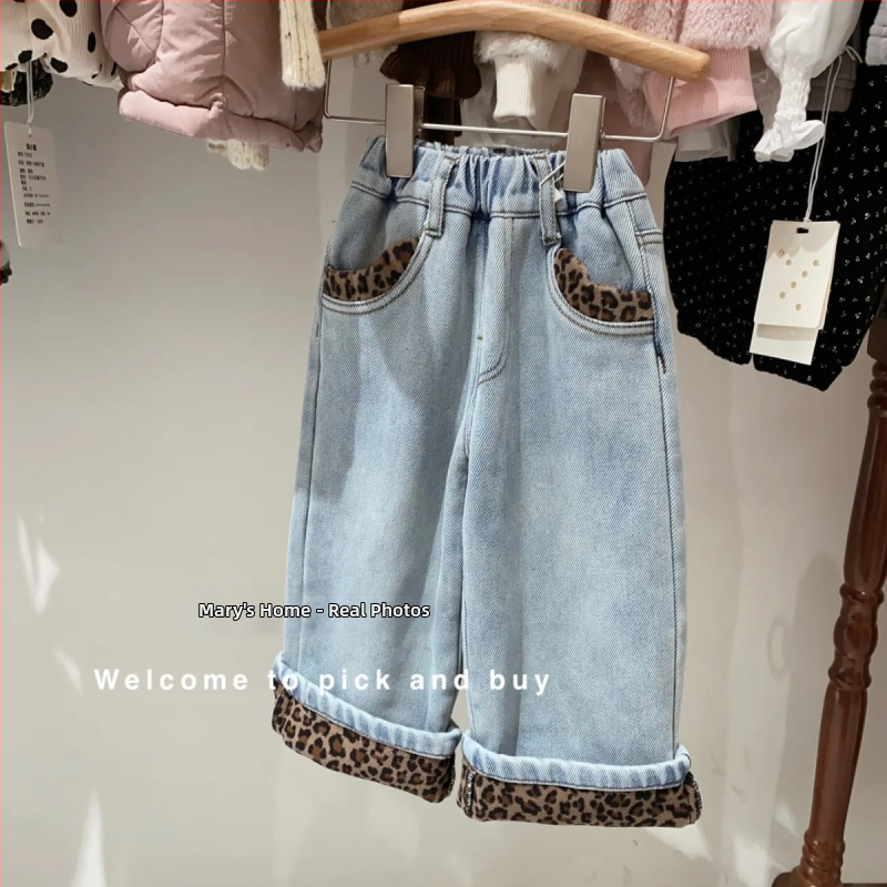 Hlače za djevojčice s leopard printom, fleece podstava, zimske, ravnog kroja
