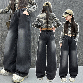 Djevojčice traperice u korejskom stilu, 85% pamuk, srednje visina struka s elastičnim pojasom, opušteno široki kroj, za djecu od 8 godina, proljeće-jesen