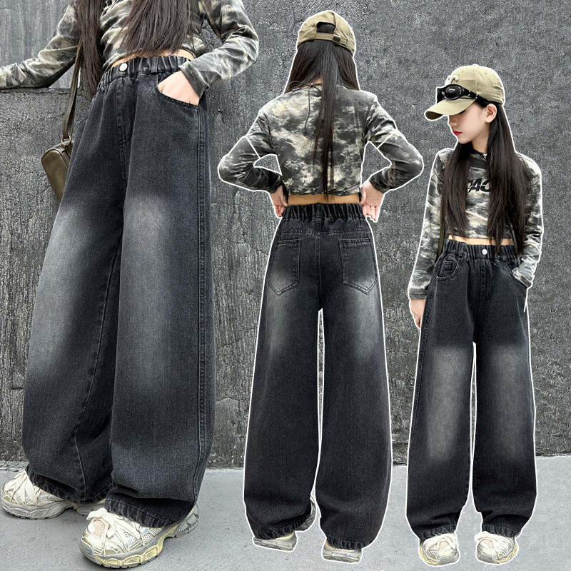 Djevojčice traperice u korejskom stilu, 85% pamuk, srednje visina struka s elastičnim pojasom, opušteno široki kroj, za djecu od 8 godina, proljeće-jesen