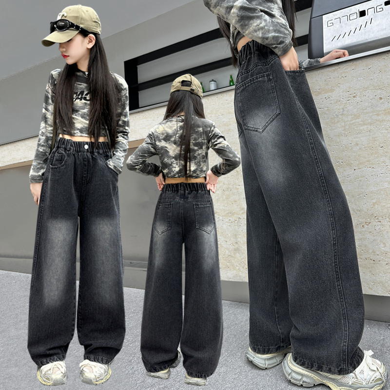 Djevojčice traperice u korejskom stilu, 85% pamuk, srednje visina struka s elastičnim pojasom, opušteno široki kroj, za djecu od 8 godina, proljeće-jesen