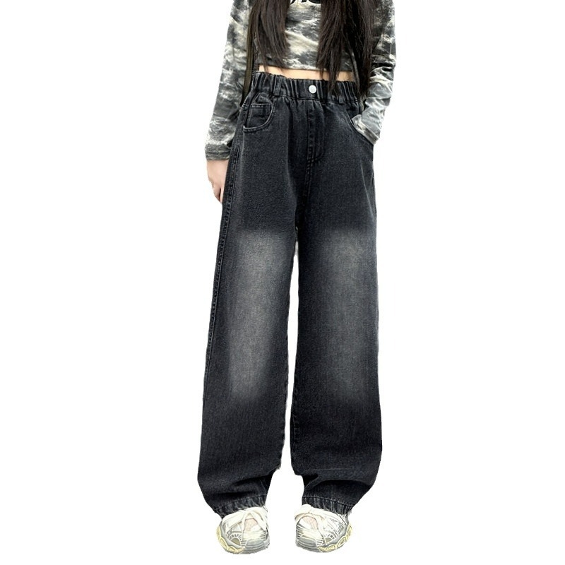 Djevojčice traperice u korejskom stilu, 85% pamuk, srednje visina struka s elastičnim pojasom, opušteno široki kroj, za djecu od 8 godina, proljeće-jesen