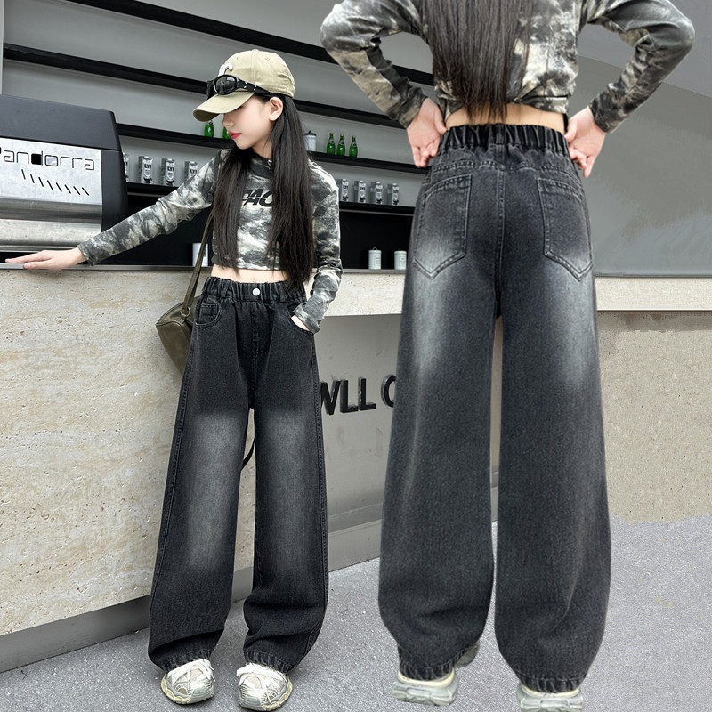 Djevojčice traperice u korejskom stilu, 85% pamuk, srednje visina struka s elastičnim pojasom, opušteno široki kroj, za djecu od 8 godina, proljeće-jesen