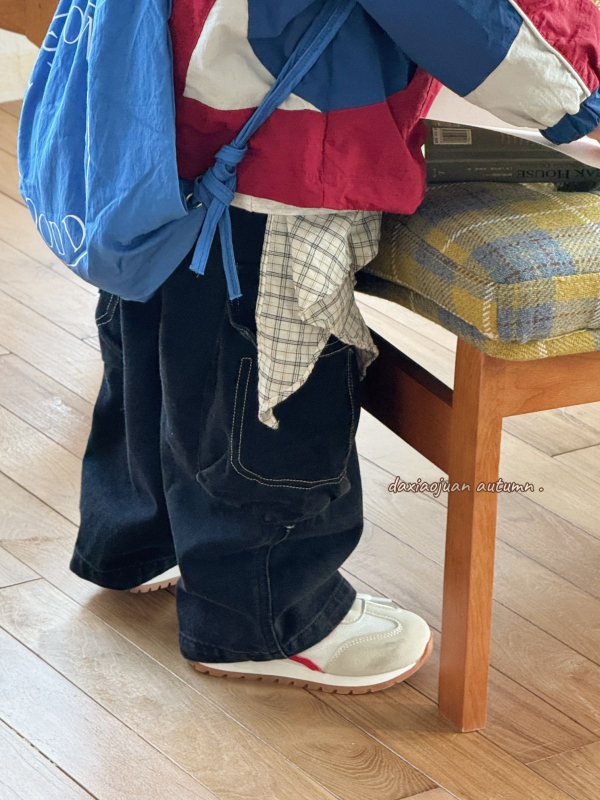 Fiúknak készült farmernadrág, koreai stílus, 70% pamut, magas derekú, kargo zsebek