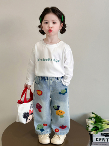 Dječje traperice s karikaturom gljive, pamuk 82,6%, srednji pojas, elastični pojas, proljeće i jesen