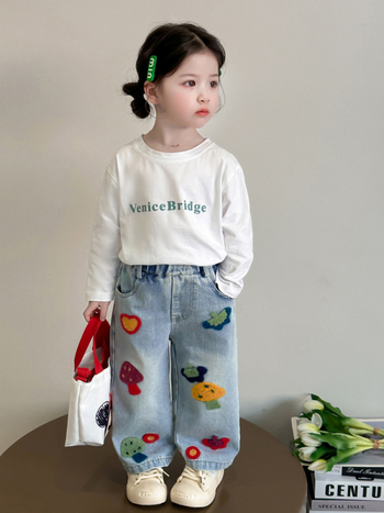 Dječje traperice s karikaturom gljive, pamuk 82,6%, srednji pojas, elastični pojas, proljeće i jesen