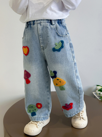 Dječje traperice s karikaturom gljive, pamuk 82,6%, srednji pojas, elastični pojas, proljeće i jesen