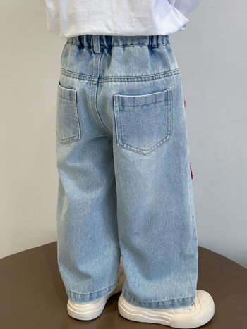 Dječje traperice s karikaturom gljive, pamuk 82,6%, srednji pojas, elastični pojas, proljeće i jesen