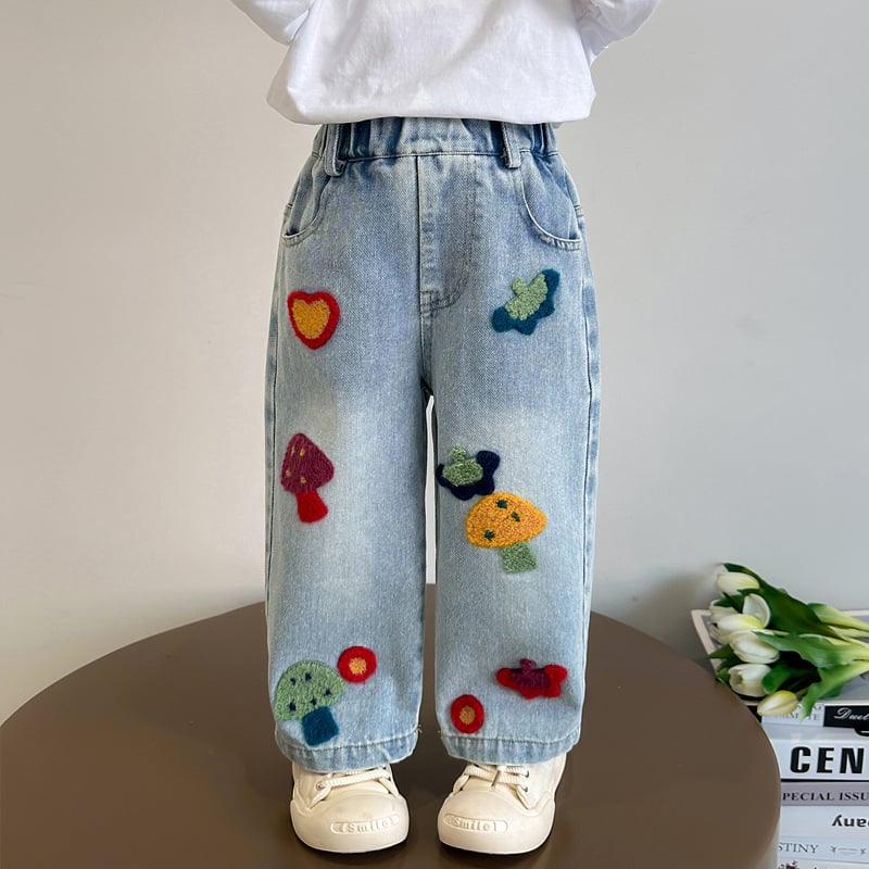 Dječje traperice s karikaturom gljive, pamuk 82,6%, srednji pojas, elastični pojas, proljeće i jesen