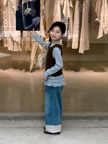 Lányok denim nadrágja, koreai verzió, patchwork, középső derekú, egyenes szabás, hosszú nadrág, 70% pamut