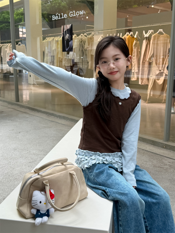 Lányok denim nadrágja, koreai verzió, patchwork, középső derekú, egyenes szabás, hosszú nadrág, 70% pamut