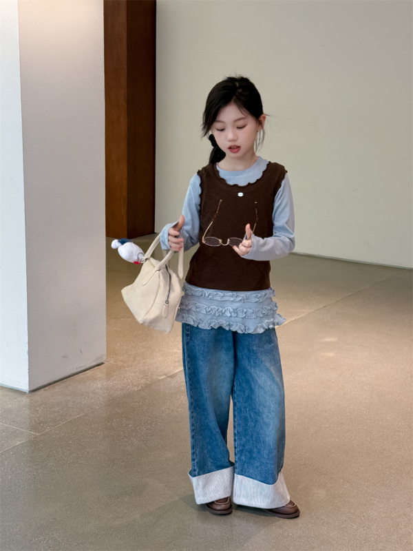 Lányok denim nadrágja, koreai verzió, patchwork, középső derekú, egyenes szabás, hosszú nadrág, 70% pamut