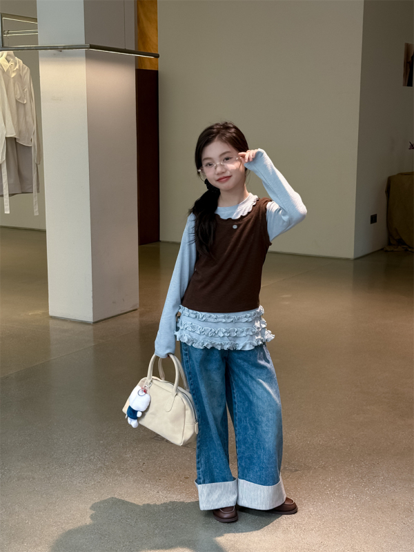 Lányok denim nadrágja, koreai verzió, patchwork, középső derekú, egyenes szabás, hosszú nadrág, 70% pamut