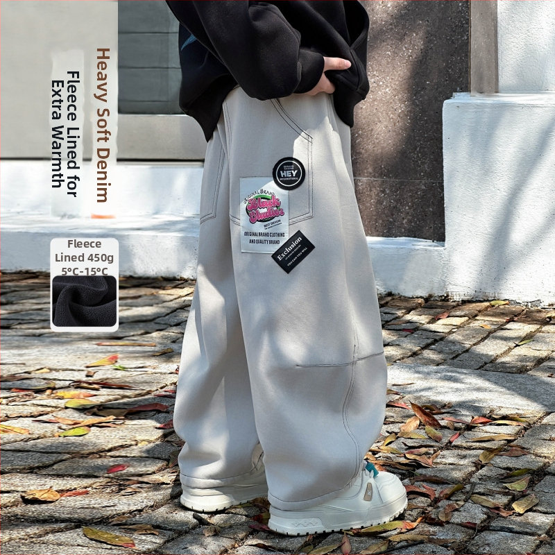 Dječje traperice za dječake, 100% pamuk, uzorak s slovima, srednji pojas, široke ravne nogavice