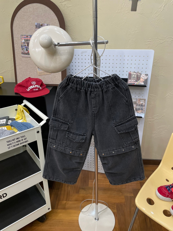 Fleece-alátétes cargo farmernadrág, laza egyenes szabás, 95% pamut, téli 2025, uniszex gyerekeknek 8 évesnél idősebbeknek