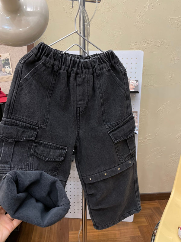 Fleece-alátétes cargo farmernadrág, laza egyenes szabás, 95% pamut, téli 2025, uniszex gyerekeknek 8 évesnél idősebbeknek