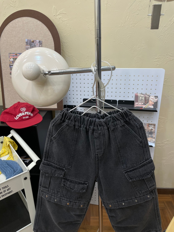 Fleece-alátétes cargo farmernadrág, laza egyenes szabás, 95% pamut, téli 2025, uniszex gyerekeknek 8 évesnél idősebbeknek