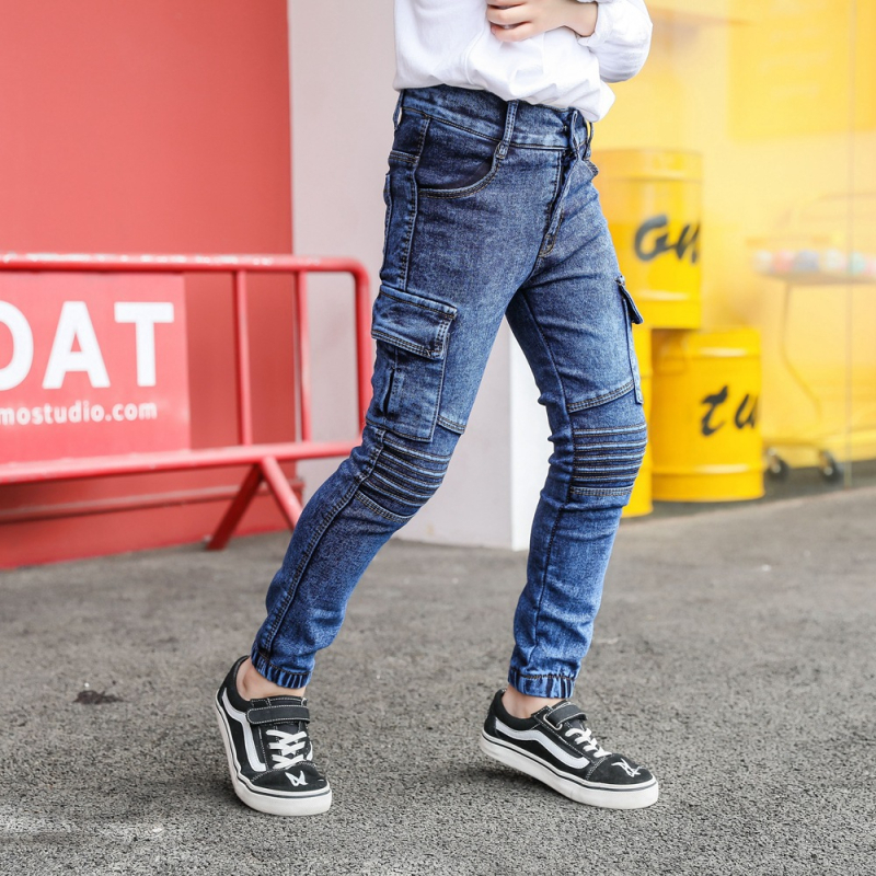 Detské džínové nohavice v ležérnom štýle, 90% polyester, Cowboy látka, jednofarebný vzor