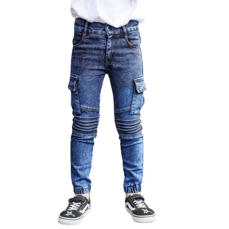 Detské džínové nohavice v ležérnom štýle, 90% polyester, Cowboy látka, jednofarebný vzor