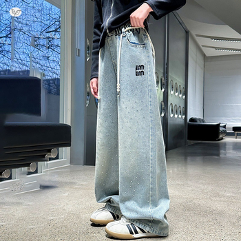 Džins hlače za djevojčice s rhinestones i izvezenim natpisom, visoki struk, elastični pojas, široki kroj, dugi za proljeće i jesen