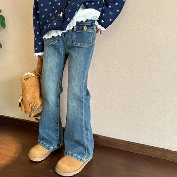 Dječje traperice za djevojčice, korejskog stila, elastični pojas, srednje visoki pojas, pamuk 30–50%, za djecu 3–8 godina, proljeće, jesen i zima