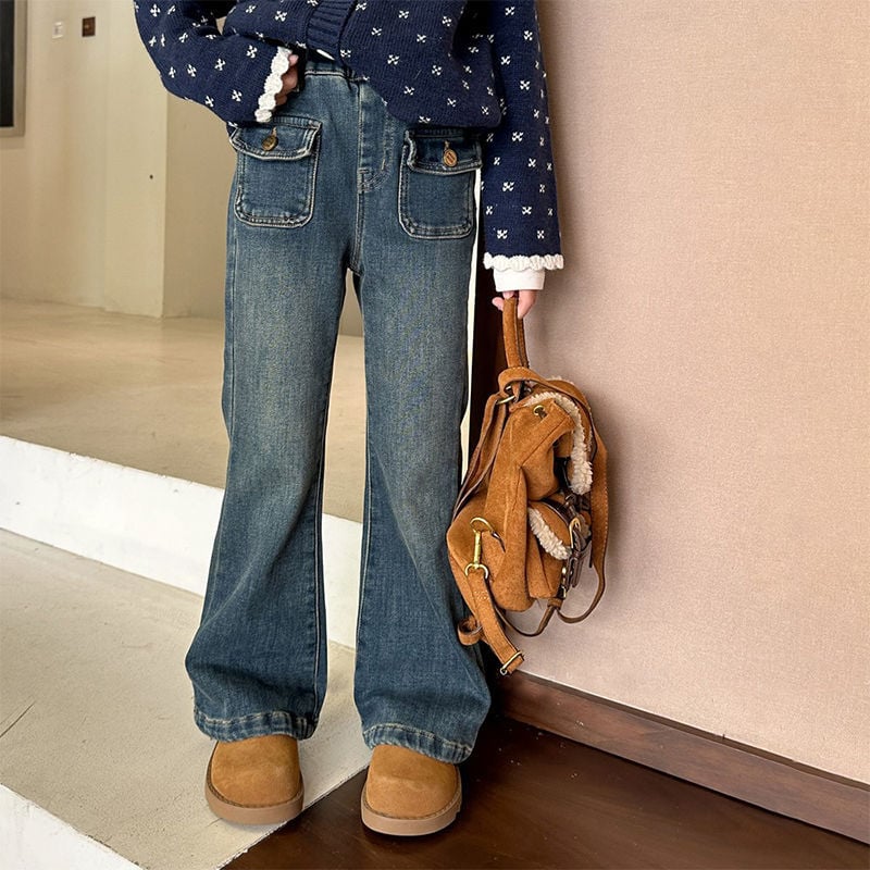 Dječje traperice za djevojčice, korejskog stila, elastični pojas, srednje visoki pojas, pamuk 30–50%, za djecu 3–8 godina, proljeće, jesen i zima