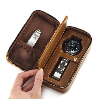 DUJIANG Kutija za satove od prave Crazy Horse kože, više pretinaca za satove i kartice, odvojena putna kutija za satove