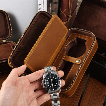DUJIANG Kutija za satove od prave Crazy Horse kože, više pretinaca za satove i kartice, odvojena putna kutija za satove