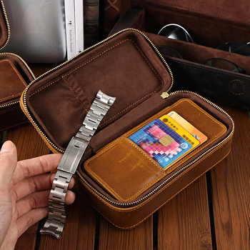 DUJIANG Kutija za satove od prave Crazy Horse kože, više pretinaca za satove i kartice, odvojena putna kutija za satove