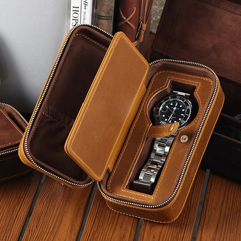 DUJIANG Kutija za satove od prave Crazy Horse kože, više pretinaca za satove i kartice, odvojena putna kutija za satove