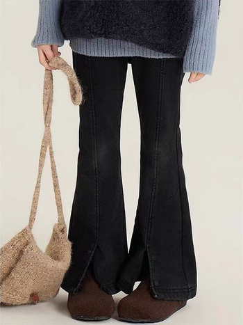 Lányoknak készült koreai stílusú harangvégű farmernadrág, poliészter 52%, magas derekú elasztikus derékszíj, 8+ éveseknek, hosszú