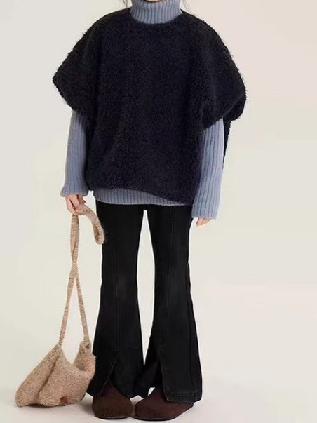 Lányoknak készült koreai stílusú harangvégű farmernadrág, poliészter 52%, magas derekú elasztikus derékszíj, 8+ éveseknek, hosszú