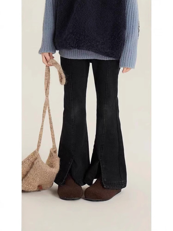 Lányoknak készült koreai stílusú harangvégű farmernadrág, poliészter 52%, magas derekú elasztikus derékszíj, 8+ éveseknek, hosszú