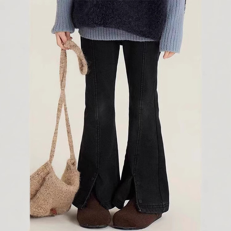 Lányoknak készült koreai stílusú harangvégű farmernadrág, poliészter 52%, magas derekú elasztikus derékszíj, 8+ éveseknek, hosszú