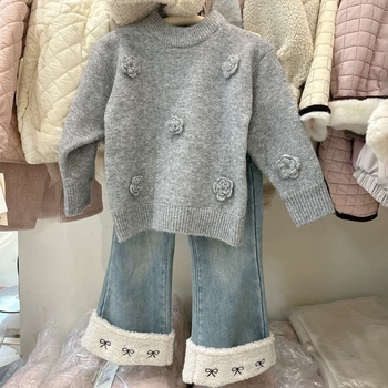 Lányoknak készült koreai stílusú farmernadrág télre, vastag denim, középmagas derekú, elasztikus derékkal, harangszárú