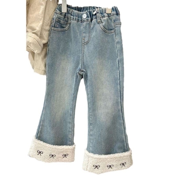 Lányoknak készült koreai stílusú farmernadrág télre, vastag denim, középmagas derekú, elasztikus derékkal, harangszárú