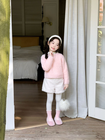 Dječje plišane šorce za djevojčice, korejski stil, 90% pamuk, srednji pojas s elastičnim pojasom, mekan materijal, jednobojne, uzrast 3–8 godina, Zima 2025