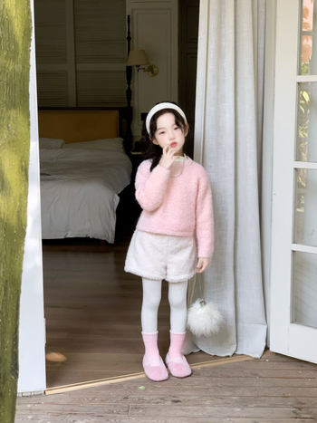 Dječje plišane šorce za djevojčice, korejski stil, 90% pamuk, srednji pojas s elastičnim pojasom, mekan materijal, jednobojne, uzrast 3–8 godina, Zima 2025