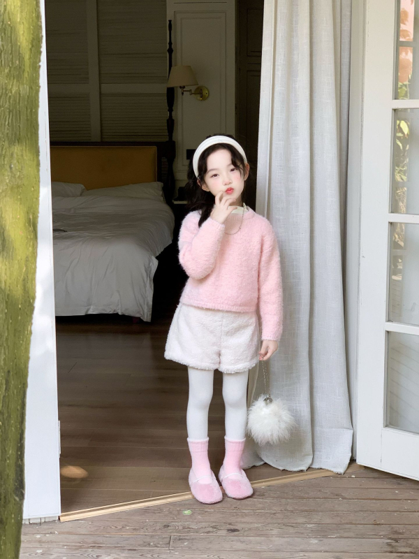 Dječje plišane šorce za djevojčice, korejski stil, 90% pamuk, srednji pojas s elastičnim pojasom, mekan materijal, jednobojne, uzrast 3–8 godina, Zima 2025