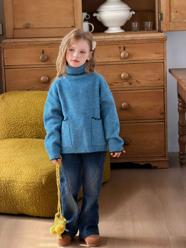 Gyerekeknek készült fleece-béléssel ellátott farmernadrág, koreai stílus, elasztikus trapéz, középmagas derék, pamut 81–90%.