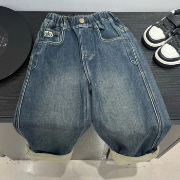 Gyerekeknek szóló velúr-denim nadrág, puha kezelés, középmagas derék, elasztikus derekú, 3–8 éveseknek, őszi-téli