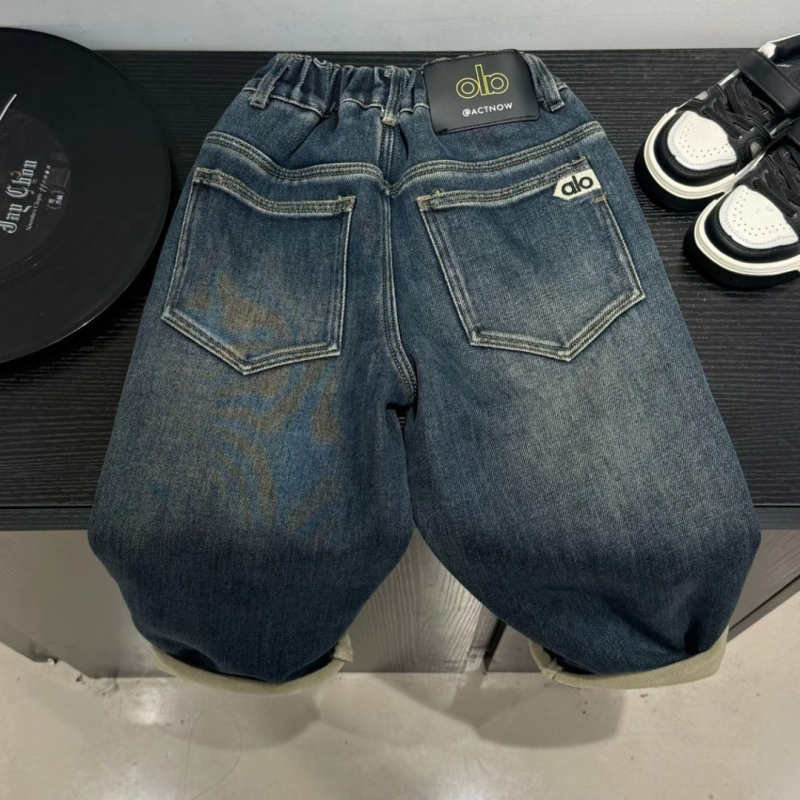 Gyerekeknek szóló velúr-denim nadrág, puha kezelés, középmagas derék, elasztikus derekú, 3–8 éveseknek, őszi-téli