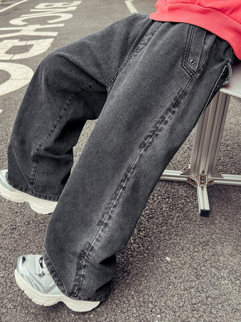 Casual fiúknak való farmernadrág magas derekú, elasztikus övvel, 57,6% pamut, egyszínű, gyerekeknek 8 év felett, tavasz-ősz