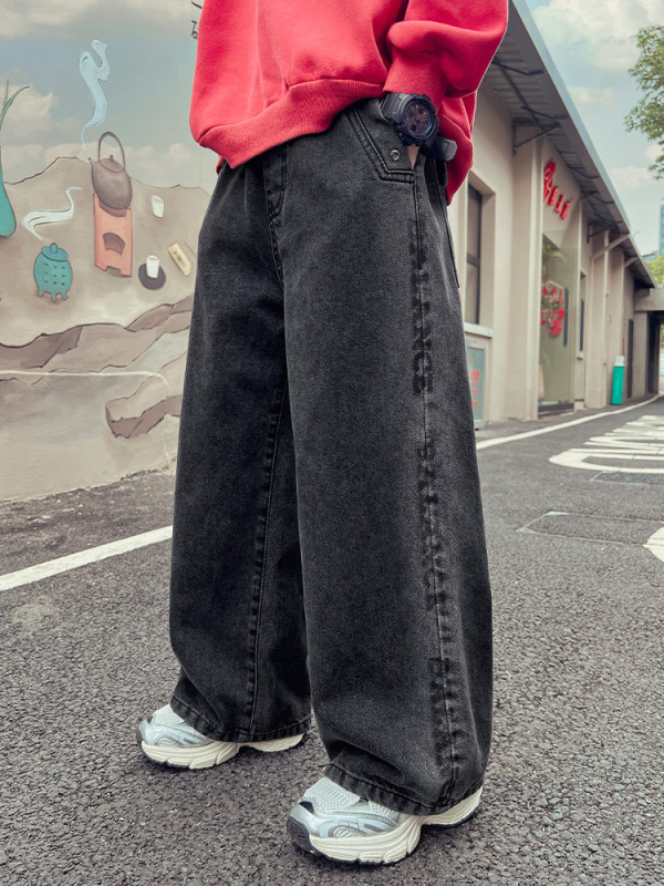 Casual fiúknak való farmernadrág magas derekú, elasztikus övvel, 57,6% pamut, egyszínű, gyerekeknek 8 év felett, tavasz-ősz