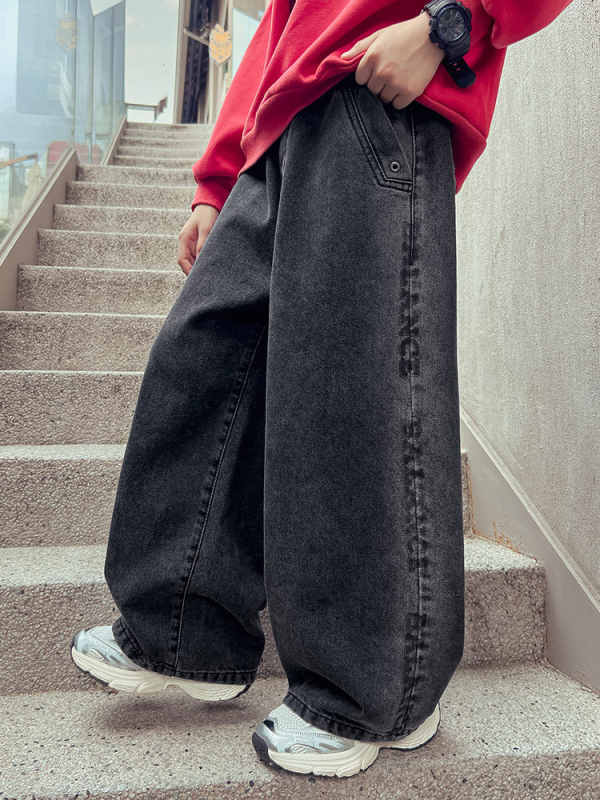 Casual fiúknak való farmernadrág magas derekú, elasztikus övvel, 57,6% pamut, egyszínű, gyerekeknek 8 év felett, tavasz-ősz